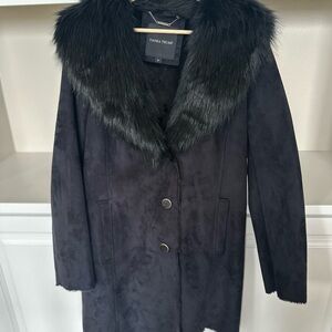 Ivanka Trump Black Trench Coat with Faux Fur Collar